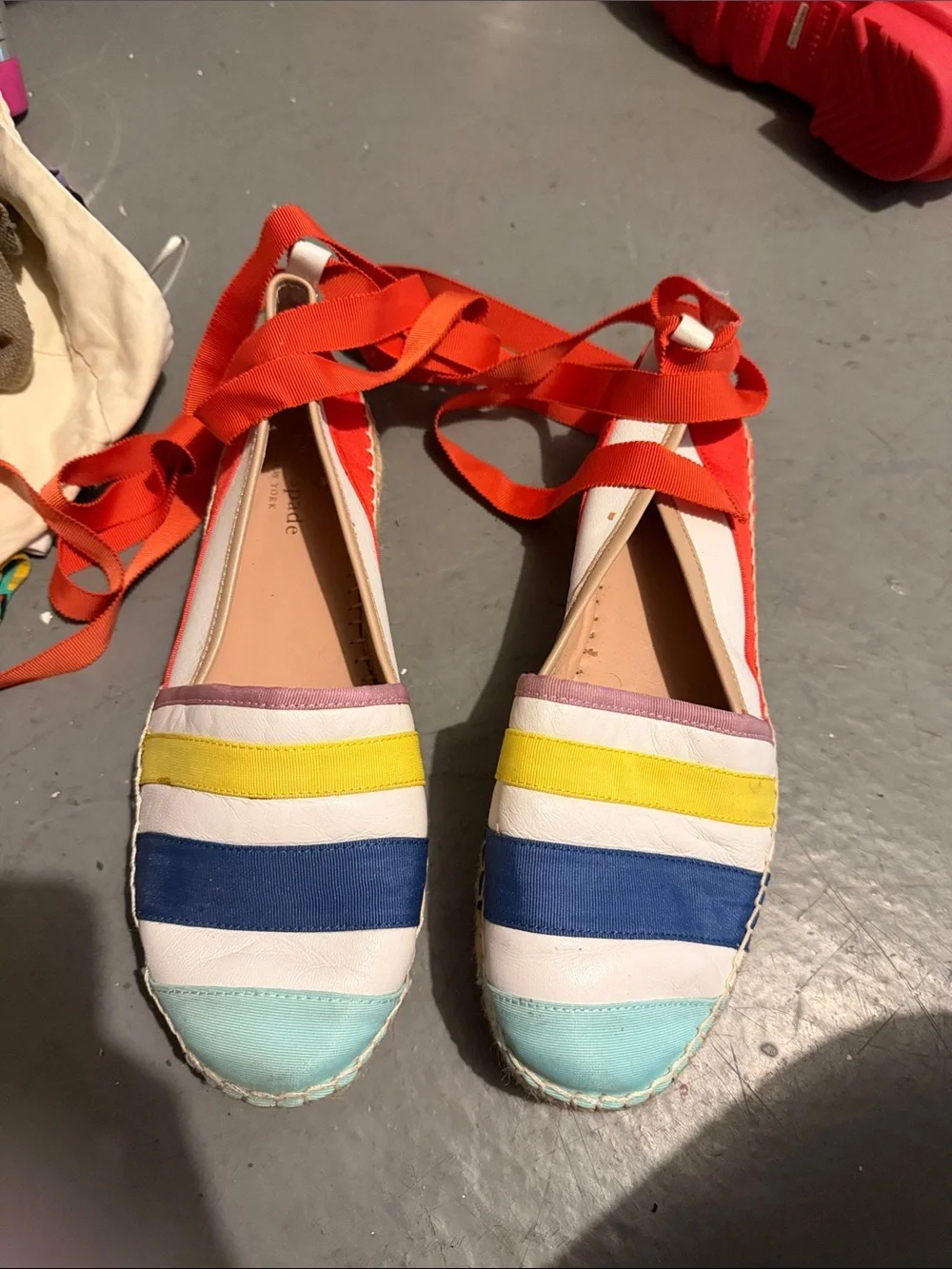 kate spade Multi-Color Striped Espadrille Flats with Coral Ankle Ties